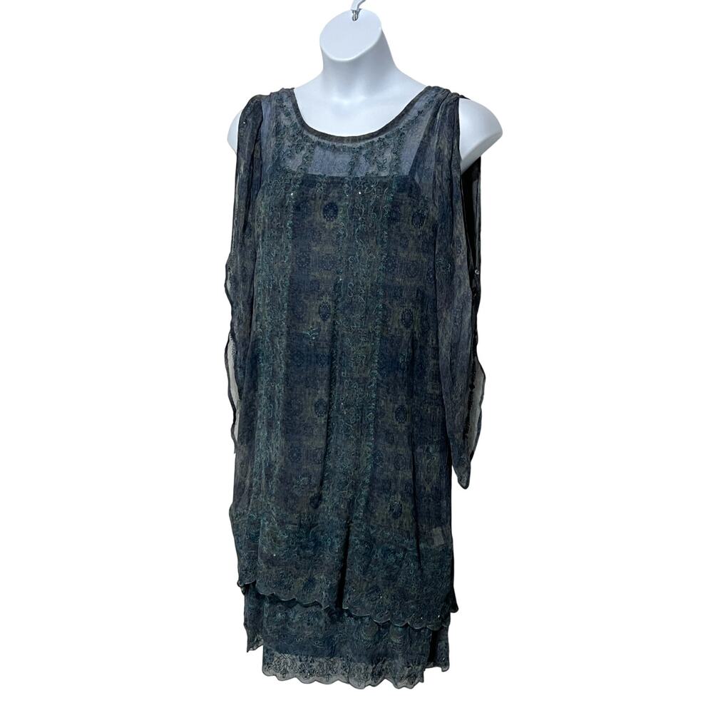 Sundance Womens 16 2-pc Midi Slip Dress Sheer Overlay Embroidered Sequin Blue